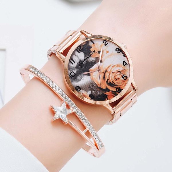 

2pcs women watch bracelet fashion ladies flowers steel band set elegant geometric girls clock wristwatches, Slivery;brown