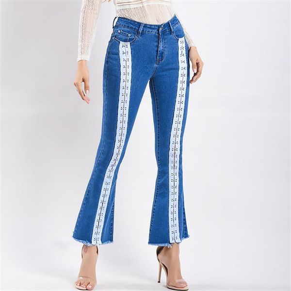

women's jeans 2021 european and american flared webbing fashion casual temperament commuting women show long legs, Blue