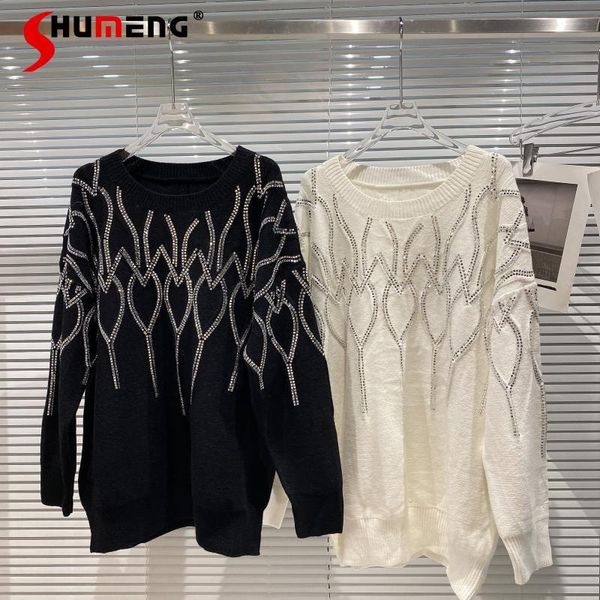 

women's sweaters versatile solid color round neck diamond knitwear for female 2021 autumn and winter long sleeve loose knitted coat, White;black