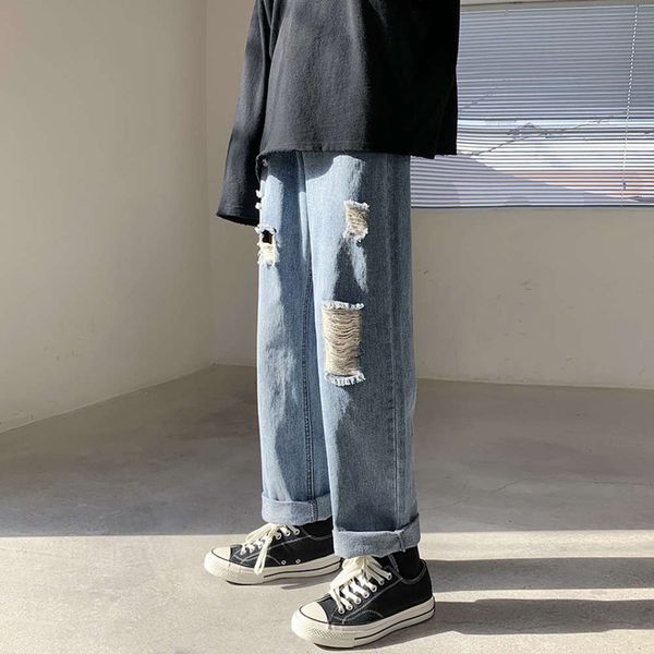 

2021 wind broken port gate father broek trend street personality straight men summer couple loose nine cents wash, Blue