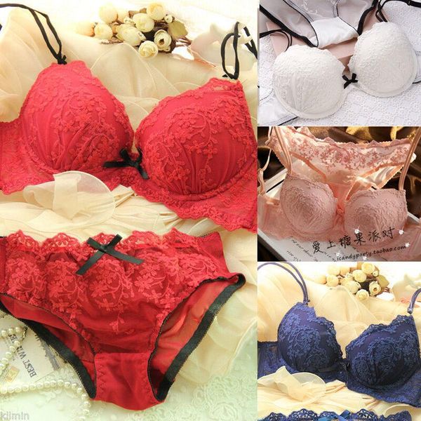 

bras sets trendy vintage women romantic babydoll lace bra solid underwear set push up transparent skinny and panty, Red;black