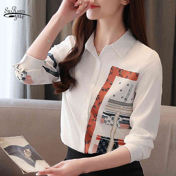 

korean fashion clothing spring long sleeve office lady blouse blusas mujer de moda print button chiffon shirts 8805 50 210521, White