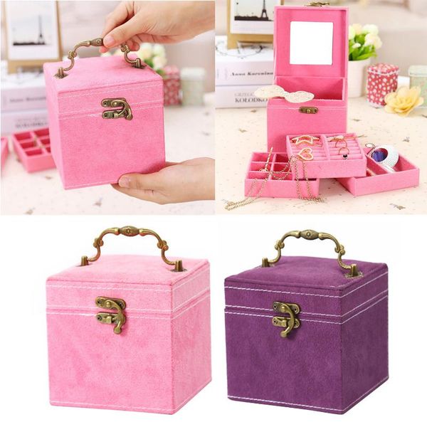 

storage boxes & bins behogar 3-layer portable flannel cosmetic makeup jewelry box case organizer for women girls 12x12x12cm