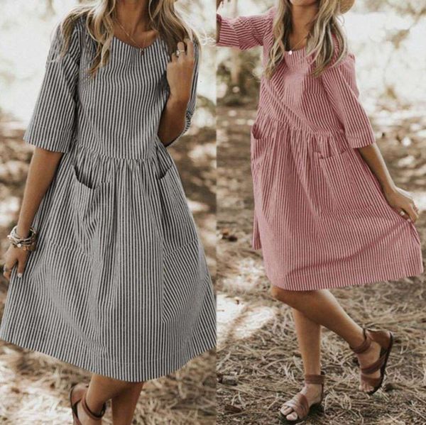 

summer round neck pullover patch bag striped large women's dress, Black;gray