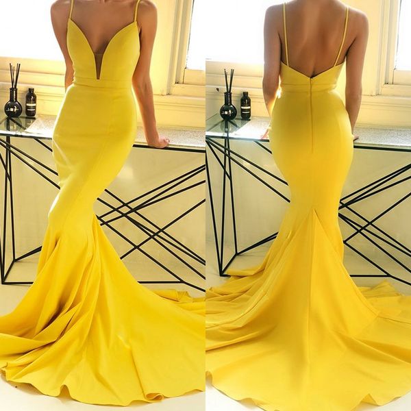 2022 amarelas tiras elegantes espaguete sereia longos vestidos de baile sexy sem costas cetim longa varredura trem noite vestido de festa bm0937