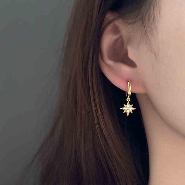 

hoop & huggie star moon cubic zirconia gold color 925 sterling silver earrings for women fashion trendy jewelry, Golden;silver