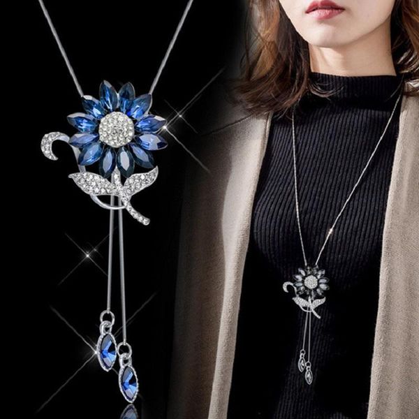 

pendant necklaces vivid sunflower necklace for women shinning crystal sweater accessories, Silver