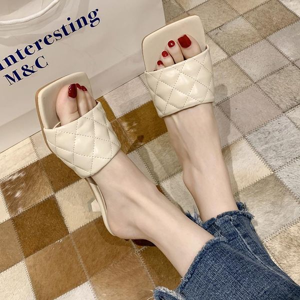 

slippers rimocy vintage square head open toe summer women pu slip on thin heel slides woman fashion 5cm ladies shoes 2021, Black