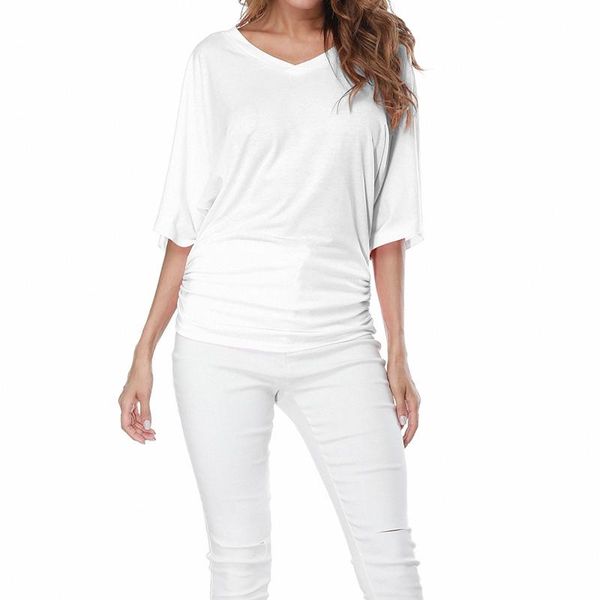 

women's t-shirt summer loose bat sleeve v-neck short top, White