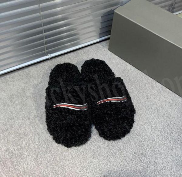 

wool designer slippers flat slide sandals for women plush print flip flops fashion luxury indoor non-slip sandal winter warm slipper, Black