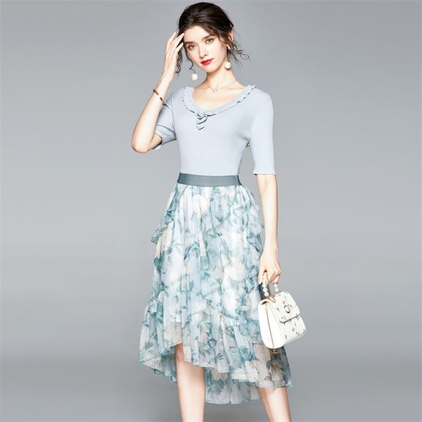 

autumn fashion runway suit women short sleeve bead knitting + elastic waist print ladies midi skirts two pieces set 210520, White