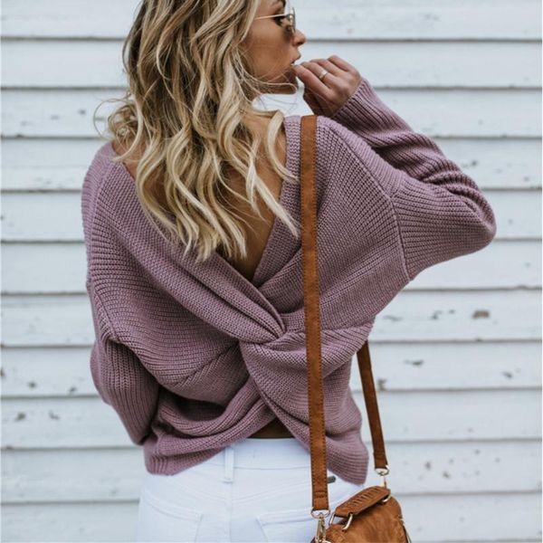 

women's sweaters 2021 modis sweater women autumn winter backless cross pullover jumper knitting loose clothes female fashion, White;black