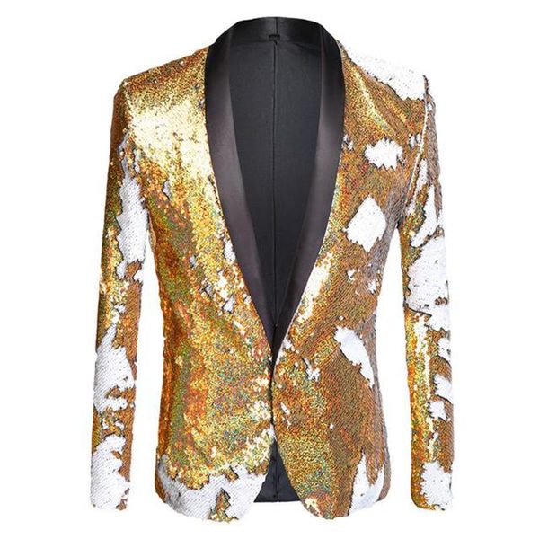 

men's suits & blazers trendy full sequins series men double-color gold white blazer fashion punk nightclub bar dj singers suit jacket c, White;black