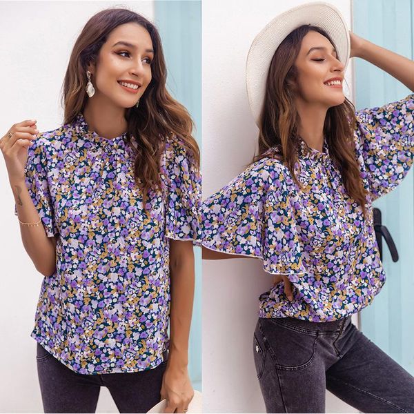 

women's t-shirt 2021 summer crew neck short sleeve floral purple quality, White