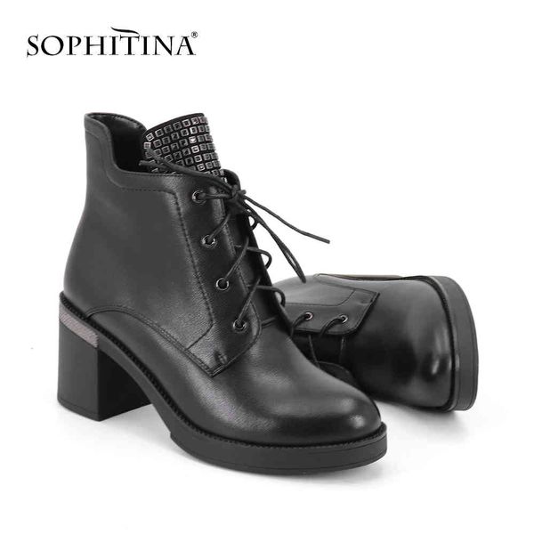 

sophitina fashion special design women's boots genuine leather round toe shoes comfortable square heel boots sc343 210513, Black