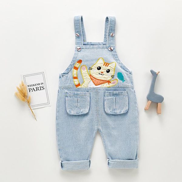 

3 4 y toddler kids denim overalls spring autumn baby girls boys cartoon cat jumpsuits children clothes pants 2021, Blue