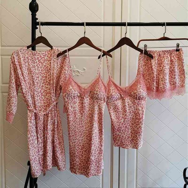 

women's sleepwear 4pcs pajamas women sleep set casual pyjamas thin pink leopard suspender nightgown suit satin loose home wea, Black;red