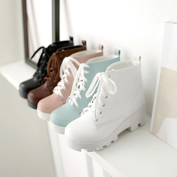 

boots womens platform shoes chunky high heel military riding ankle 4.5-10.5 lace up round toe s156, Black
