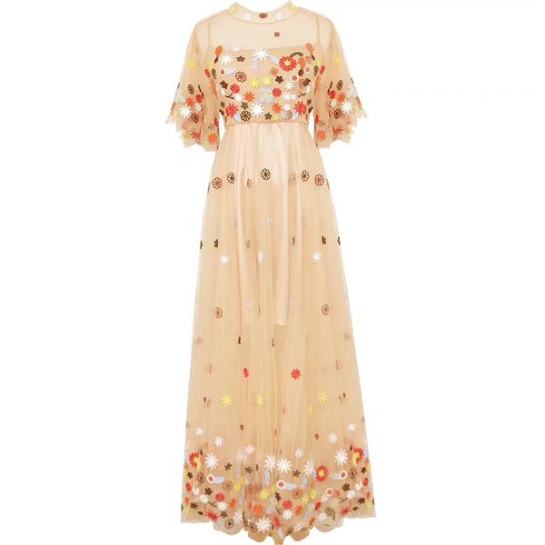 

women apricot o neck floral mesh embroidery midi dress flare short sleeve empire vintage summer d2657 210514, Black;gray