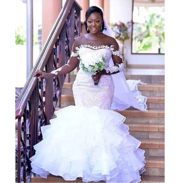 Sexy Afrikanische Meerjungfrau Brautkleider Brautkleider Plus Größe 2021 Lange Ärmel Tüll Perlen Braut Kleid Nach Maß Vestido De Noiva