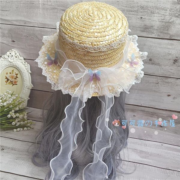 

party masks summer straw hat japanese girl lolita sweet soft sister cute bow woven visor
