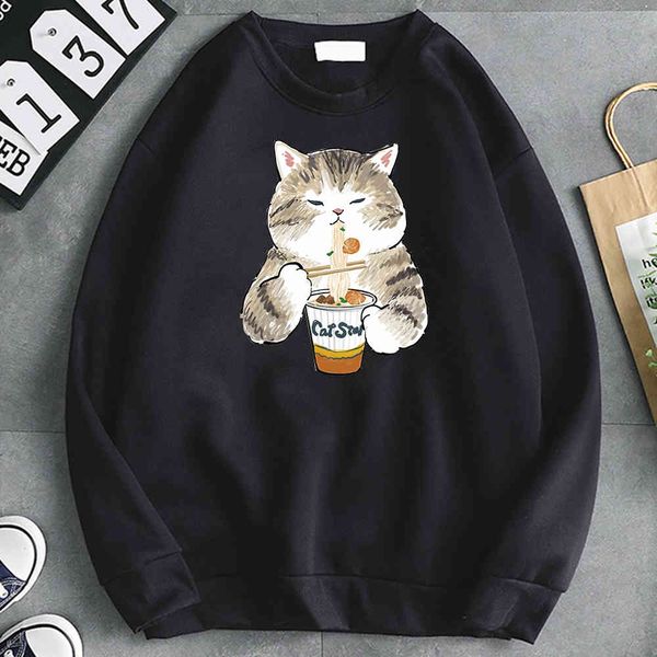 

men's long sved hoodie, cat face printed clothing, retro style, fashion, autumn, Black