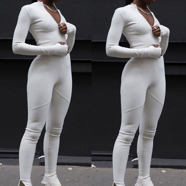 

women long sleeve zipper jumpsuit deep v-neck high waist pants tracksuit women's jumpsuits & rompers, Black;white