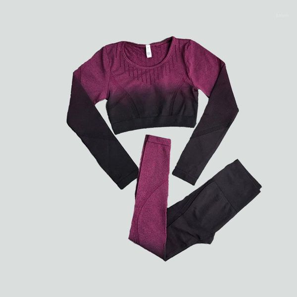 

piece set women seamless ombre yoga workout long sleeve crop training leggings gym clothing fitness sportswear suits outfit