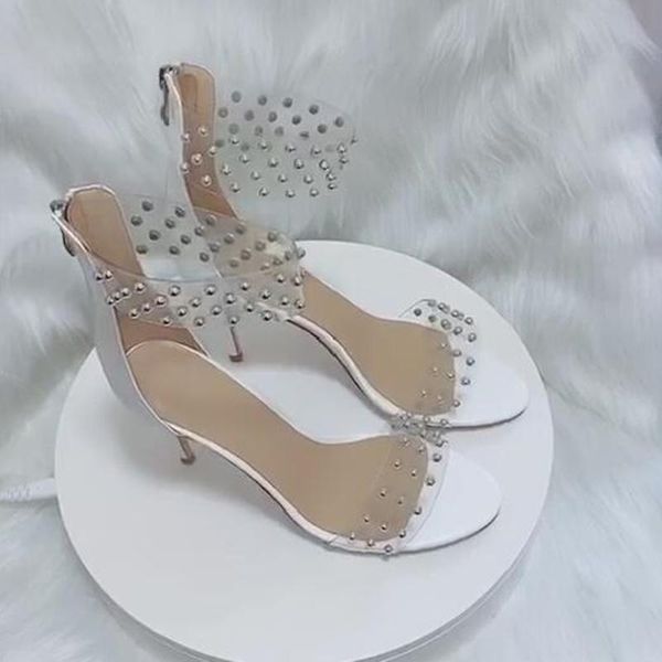

clear pvc women sandals rivets cover heel thin high open toe summer ladies shoes transparent zipper elegant fashion, Black
