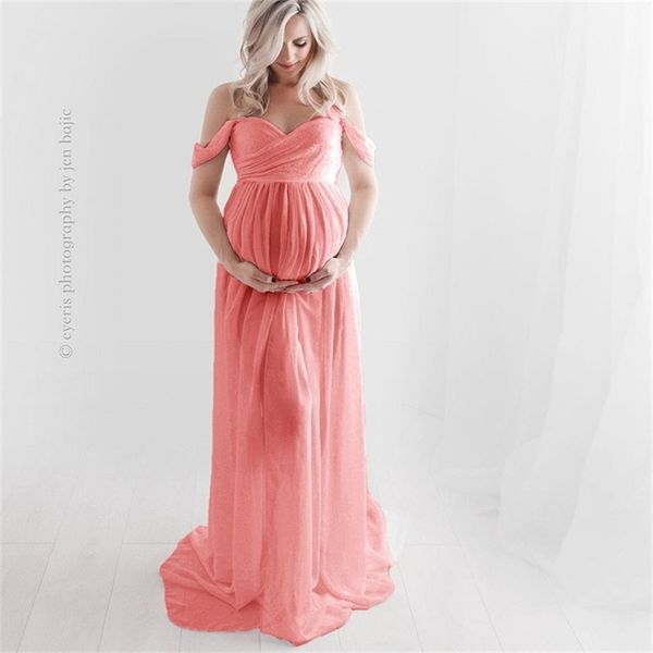 Trägerloses Umstands-Chiffon-langes Kleid, geteilt, vorne offen, für Po-Shooting, weißes Schwangerschafts-Maxikleid 210922