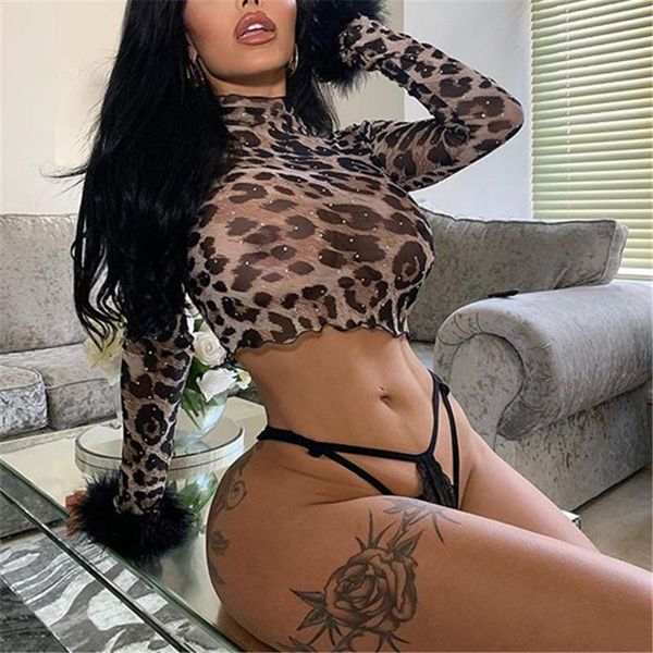

women's t-shirt omsj est women mesh leopard printing crop long sleeve fluffy cuff bodycon see-through pullover basic tees female, White