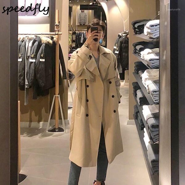 

men's wear 2021 spring fashion handsome windbreaker trend overcoat loose long coat for male overknee trench coats, Tan;black