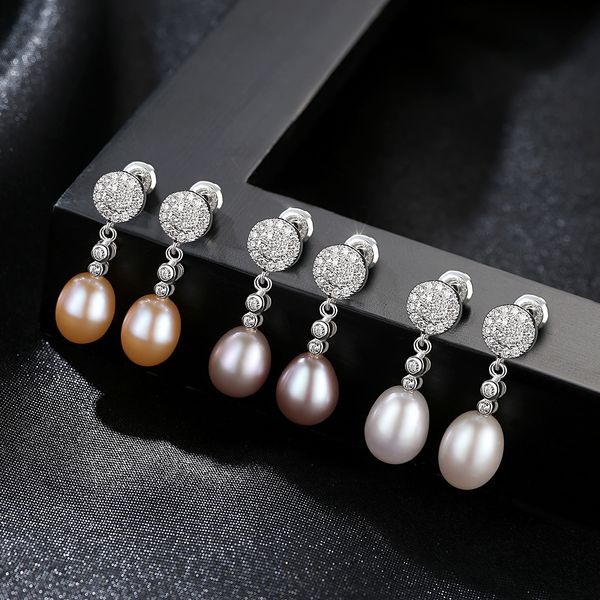 

fine 925 sterling silver pearl cz zircon 9mm dangle teardrop earrings stud bridal betrothal jewels