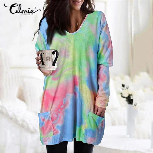 

women's blouses & shirts celmia vintage women 2021 fashion v-neck tie dye printed long sleeve casual tunic shirt elegant office bl, White