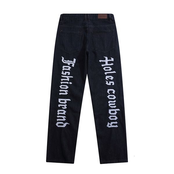 

men's jeans shaved hole return letter embroidered black denim breeches from men retro-washed harajuku high street oversize casual pants, Blue