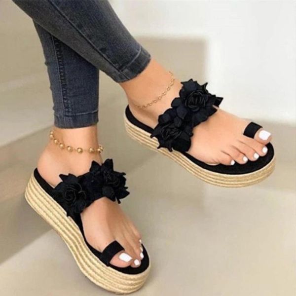 

women sandals ladies fashion summer casual daily flower slip on platform thick bottom slippers breathable beach shoes, Black