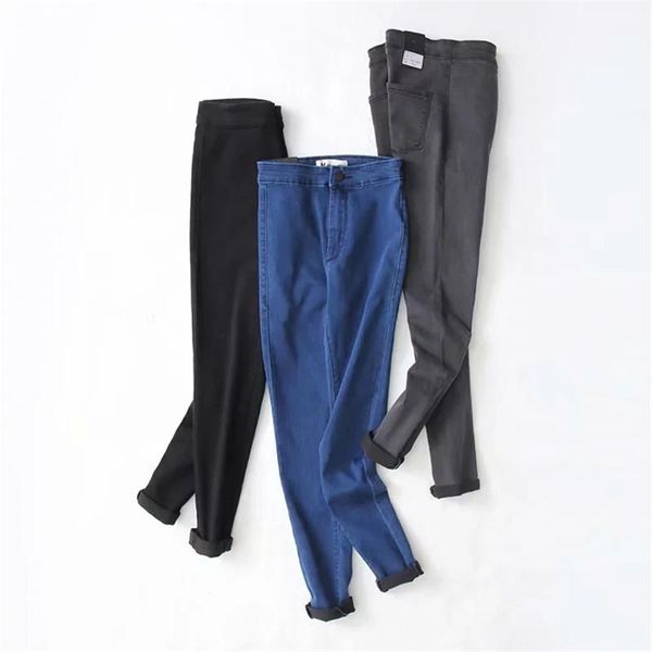 

women's jeans autumn women black vintage high waist denim spring pants elastic skinny pencil stretch femme, Blue