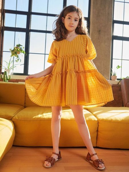 

girls v-neck frill detail striped smock dress she, Red;yellow