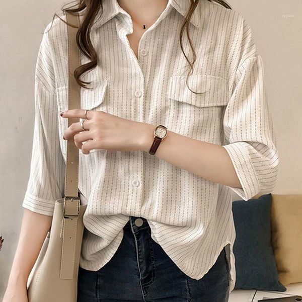 

fashion korean style striped half sleeve pockets shirts women blouses autumn casual turn-down collar female, White