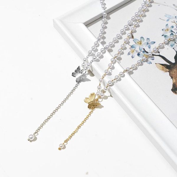 

chokers super fairy french retro butterfly pearl choker necklace ins gentle girl style pendant clavicle chain, Golden;silver