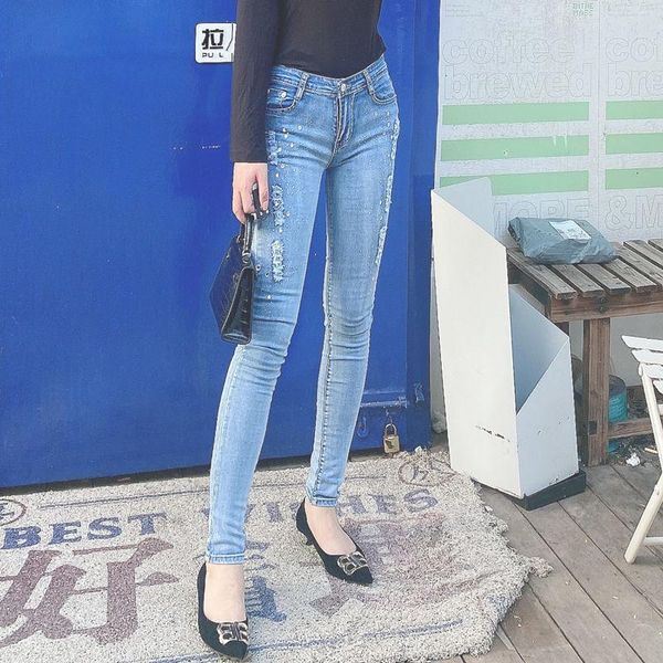 

women's jeans 2021 spring and autumn elastic slim rhinestones frayed thin feet pencil pants, Blue