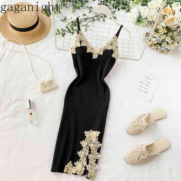 

gaganight black lace women mini dress sleeveless v neck split party club dresses hepburn style spaghetti strap bodycon chic 210519, Black;gray