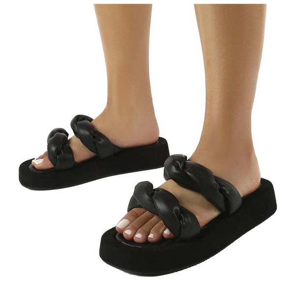 

slippers sagace summer women's wedge ladies casual slides flip flop 2021 platform round toe slip on shoes, Black