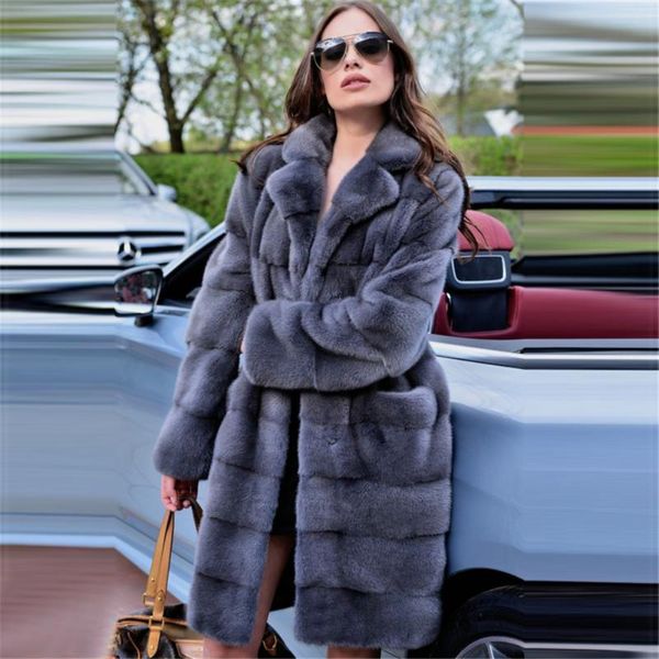 

women's fur & faux 90cm long natural mink coat real women winter fashion whole skin genuine with turn-down collar luxury overcoat, Black