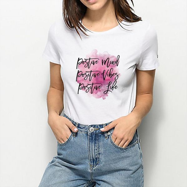 

oversize summer harajuku english alphabet women t shirts printed positive mind vibes life, White