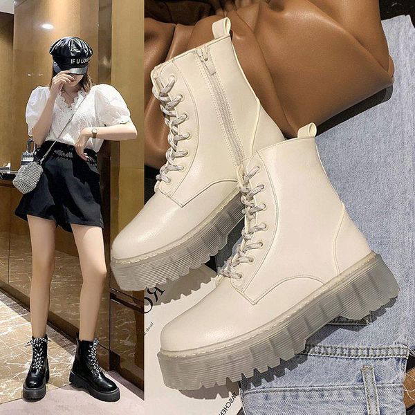 

boots women's lace up ankle platform zip transparent ladies pu leather thick bootom fashion women shoes female footwear, Black