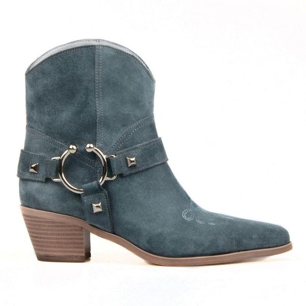 

boots footcourt- suede blue genuine leather cowboy ankle fashion embossing chunky wedges runway handmade, Black