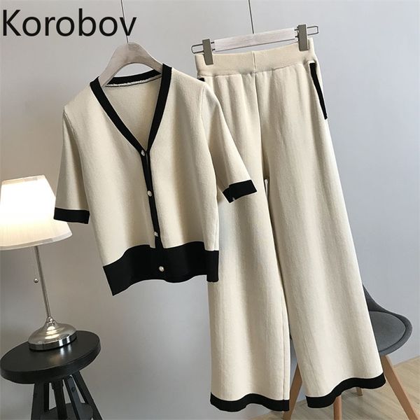 

korobov ol elegant patchwork knit suits short sleeve v neck korean women cardigans and high waist wide leg pants 2 pcs set 78762 210430, White