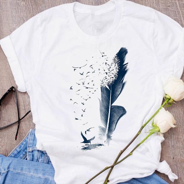 

graphic feather bird style tumblr women t shirt 90s short sleeve print clothes lady tees female womens, White