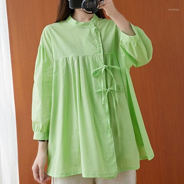 

women's blouses & shirts oversized women cotton linen casual 2021 spring vintage style stand collar loose comfortable female s3747, White
